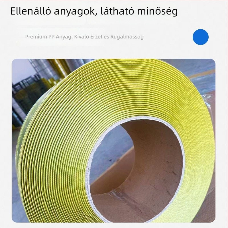 PP forrófúziós csomagoló szalag fél- és automata gépekhez; műanyag kötöző szalag; vastagság 0,5–0,95 mm; szakítószilárdság 100 kg; súly 9–10 kg; tekercs külső és belső átmérője testre szabható