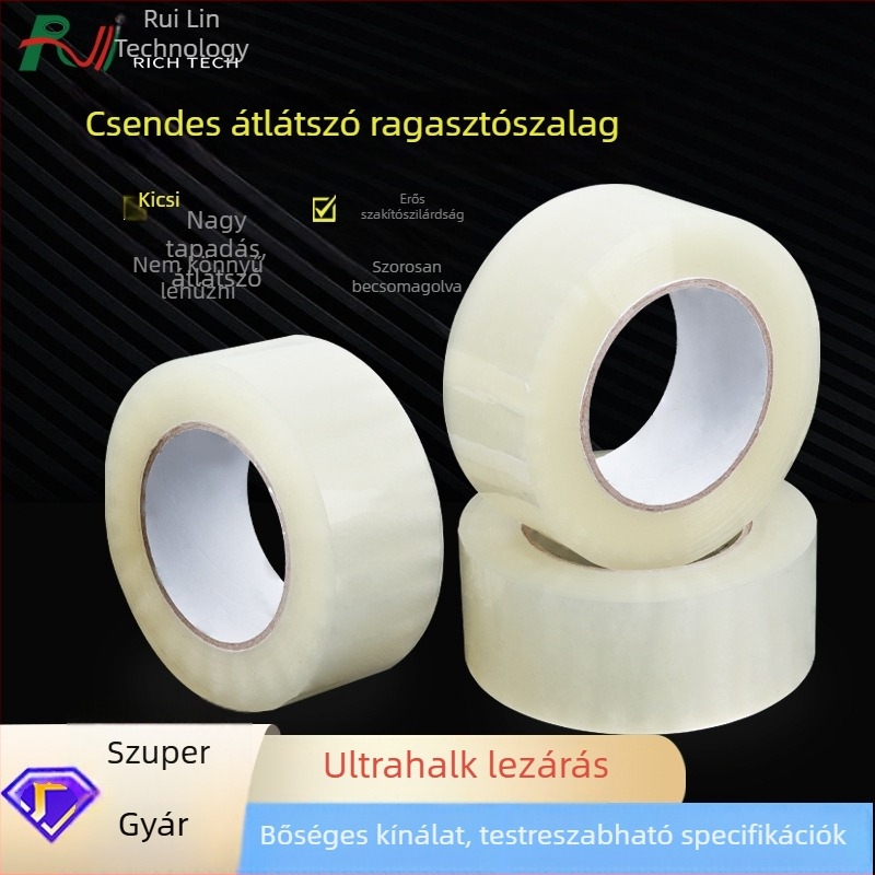 Átlátszó hangtalan csomagoló szalag gyorsposta küldeményekhez, szélesség 5 cm, hosszúság 100–150 m, BOPP, erős ragasztó