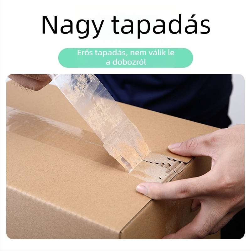 Átlátszó hangtalan csomagoló szalag gyorsposta küldeményekhez, szélesség 5 cm, hosszúság 100–150 m, BOPP, erős ragasztó