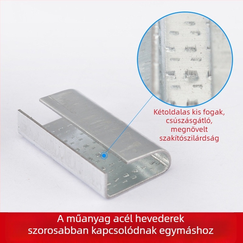 Horganyzott acélból készült műanyag hevedercsat, 0,8 mm, húzószilárdság 250 kg