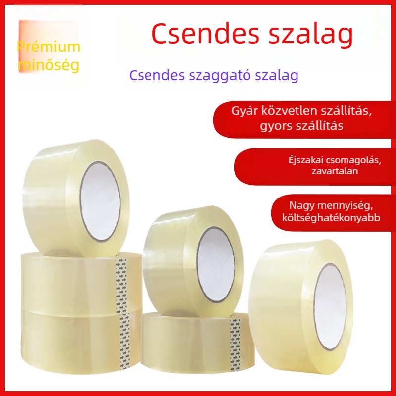 Csomagoló szalag, csendes, BOPP film alapú, vízbázisú nyomásérzékeny ragasztó, magas viszkozitás, vastagság 0,05 mm, alkalmas raktári csomagoláshoz és e-kereskedelmi logisztikához