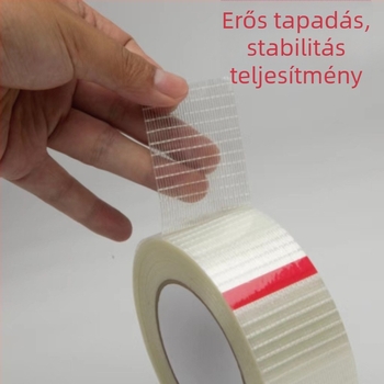 Egyoldalos hálós üvegszálas szalag formák és elektromos készülékek rögzítésére; alapanyag PET+üvegszál; átlátszó ragasztó; szélesség 10–60 mm; hossz 50 m; hőmérséklet-tartomány -20…40 °C.