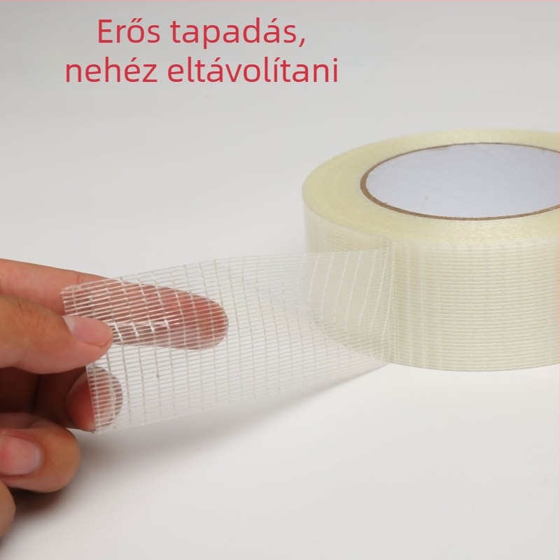 Egyoldalos hálós üvegszálas szalag formák és elektromos készülékek rögzítésére; alapanyag PET+üvegszál; átlátszó ragasztó; szélesség 10–60 mm; hossz 50 m; hőmérséklet-tartomány -20…40 °C.