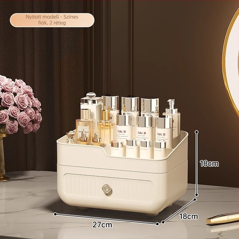 Asztali fiókos rúzs- és kozmetikai tároló, műanyagból, nagy kapacitású, porálló