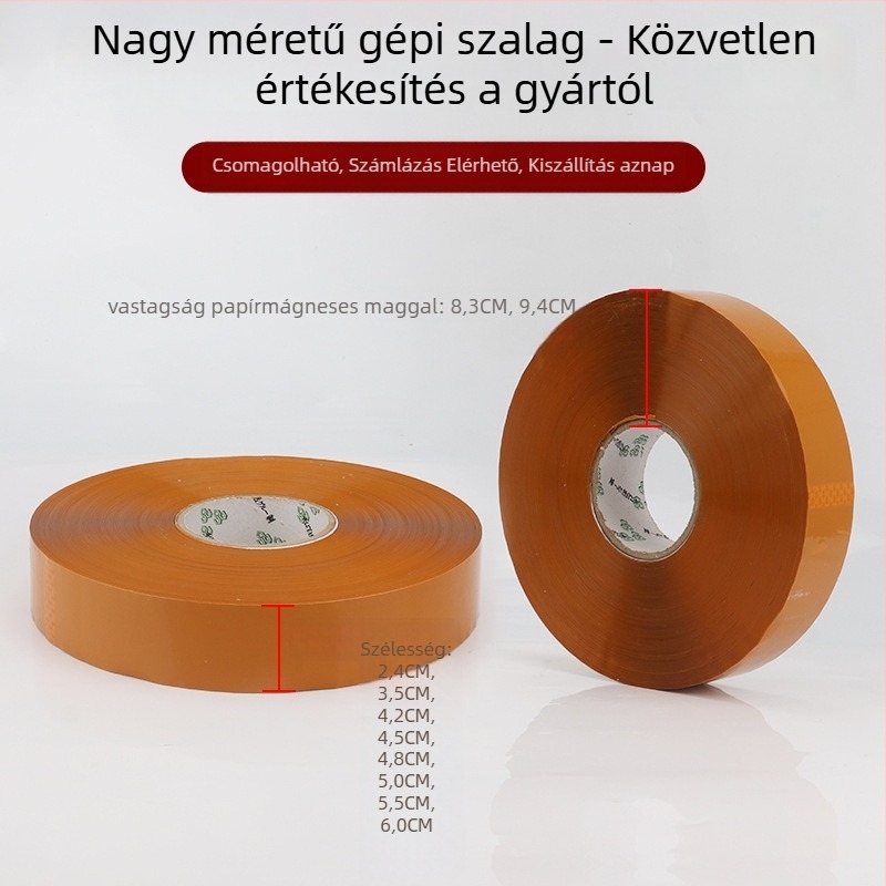 Gépzáró tömítőszalag - BOPP alap, 52 μm vastagság, 1000 m hossz, víz-gél ragasztó, működési tartomány 0–80 °C