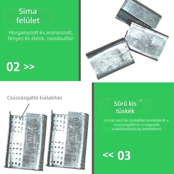 1608-as modellű csomagoló csat PET szalaghoz, kézi záró, galvanizált alumínium felülettel.