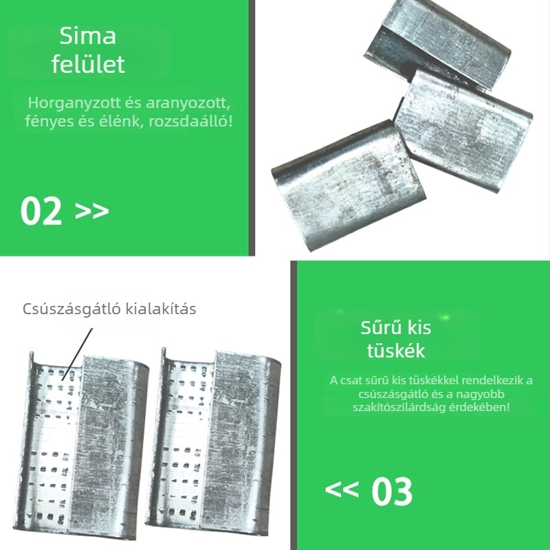 1608-as modellű csomagoló csat PET szalaghoz, kézi záró, galvanizált alumínium felülettel.