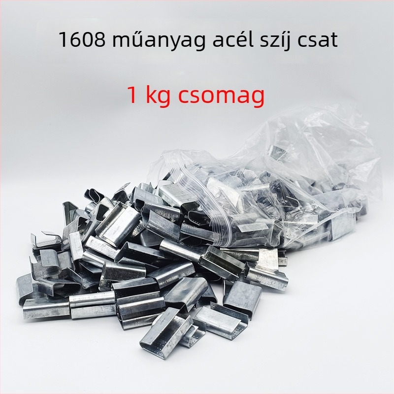 1608-as modellű csomagoló csat PET szalaghoz, kézi záró, galvanizált alumínium felülettel.