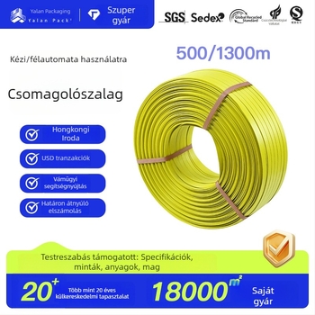 PP csomagoló szalag, sárga, környezetbarát, 12 mm × 1,0 mm × 1300 m, általános csomagoláshoz, fél-automatikus használatra