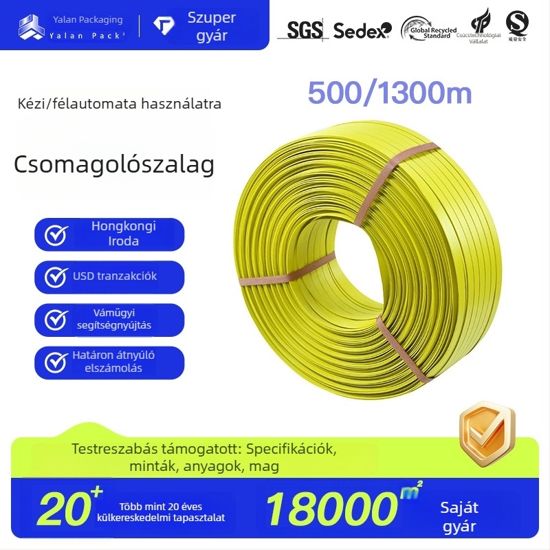 PP csomagoló szalag, sárga, környezetbarát, 12 mm × 1,0 mm × 1300 m, általános csomagoláshoz, fél-automatikus használatra