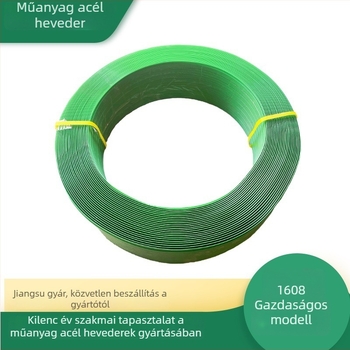 Zöld PET csomagoló szalag forró olvadékos technológiával, 16 mm széles, 0,8 mm vastagság, húzószilárdság 420 kg, kézi használatra
