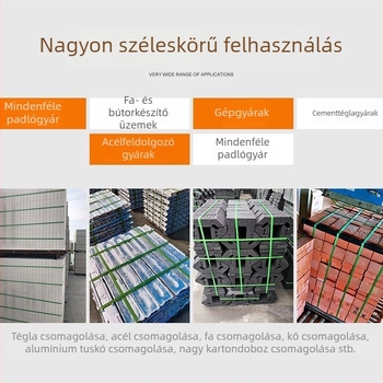 Zöld PET csomagoló szalag forró olvadékos technológiával, 16 mm széles, 0,8 mm vastagság, húzószilárdság 420 kg, kézi használatra