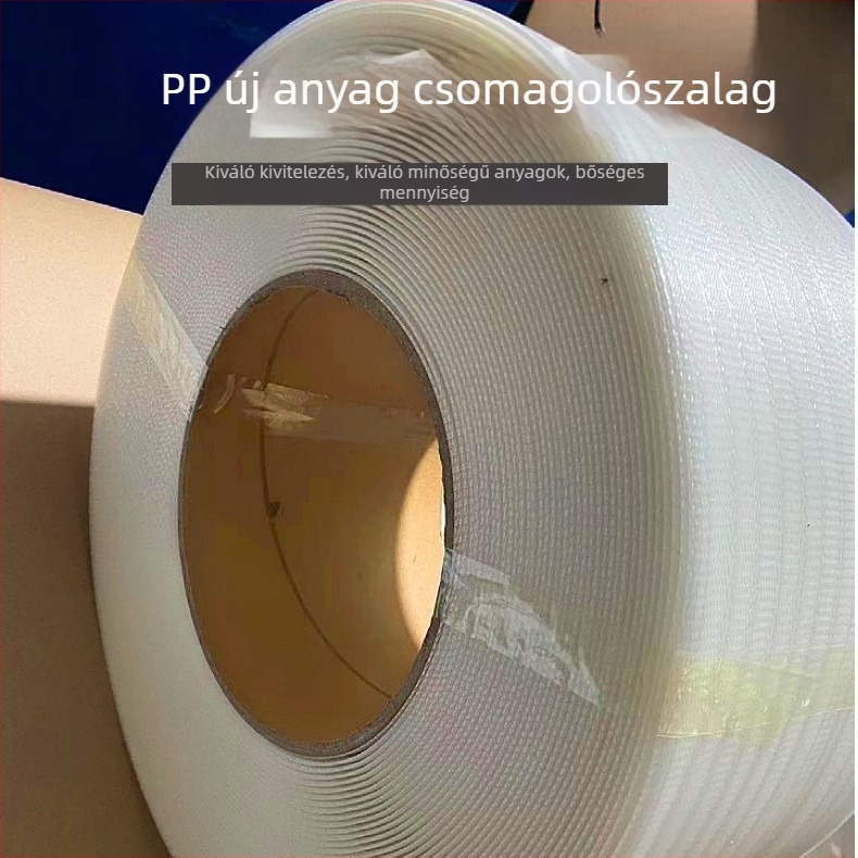 Átlátszó PP csomagoló szalag automata csomagológépekre, környezetbarát nyomtatású, ipari minőség, 0,8 mm vastagság, 200 kg szakítószilárdság, 400 mm külső átmérőjű tekercs, 200 mm belső átmérő, 10 kg súly, kétirányú felhasználás, műanyag szőtt szalagok