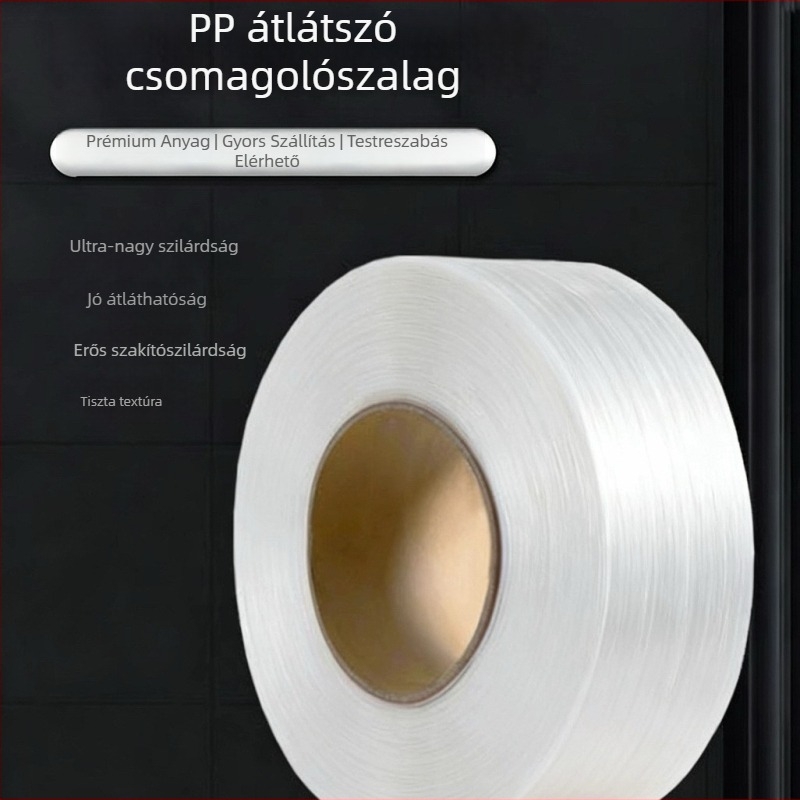 Átlátszó PP csomagoló szalag automata csomagológépekre, környezetbarát nyomtatású, ipari minőség, 0,8 mm vastagság, 200 kg szakítószilárdság, 400 mm külső átmérőjű tekercs, 200 mm belső átmérő, 10 kg súly, kétirányú felhasználás, műanyag szőtt szalagok