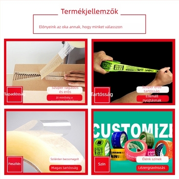 Csomagoló szalag 52 μm BOPP-filmből, nyomásérzékeny ragasztóval, logisztikai csomagoláshoz és e-kereskedelemhez, -30°C-tól 120°C-ig.