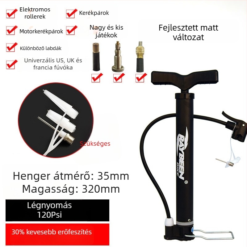 Kézi kerékpárpumpa - hordozható, 0,6 kg, 32–58 cm hosszú, 120–160 psi, kompatibilis Presta/Schrader/Dunlop szelepekkel