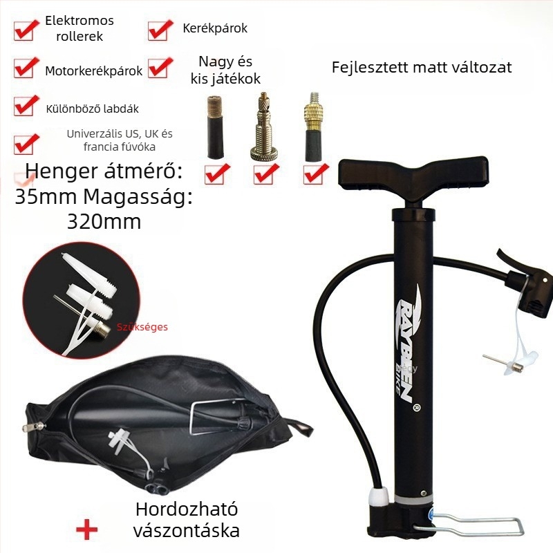 Kézi kerékpárpumpa - hordozható, 0,6 kg, 32–58 cm hosszú, 120–160 psi, kompatibilis Presta/Schrader/Dunlop szelepekkel