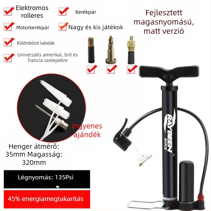 Kézi kerékpárpumpa - hordozható, 0,6 kg, 32–58 cm hosszú, 120–160 psi, kompatibilis Presta/Schrader/Dunlop szelepekkel