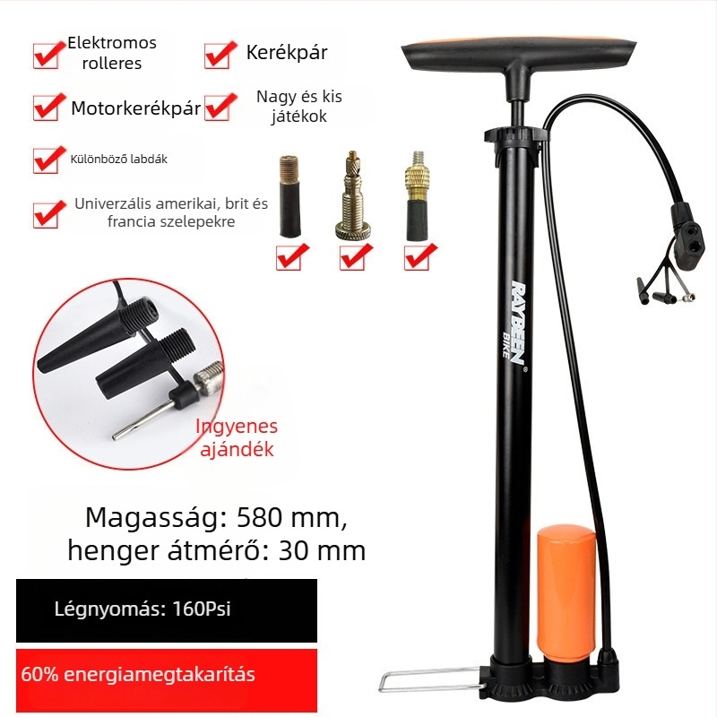 Kézi kerékpárpumpa - hordozható, 0,6 kg, 32–58 cm hosszú, 120–160 psi, kompatibilis Presta/Schrader/Dunlop szelepekkel