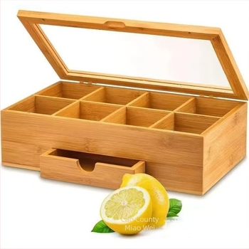 Asztali bambusz teabag tároló, 18 rekesz, flip-top fedél, átlátszó panel, modell L1011, modern stílus.