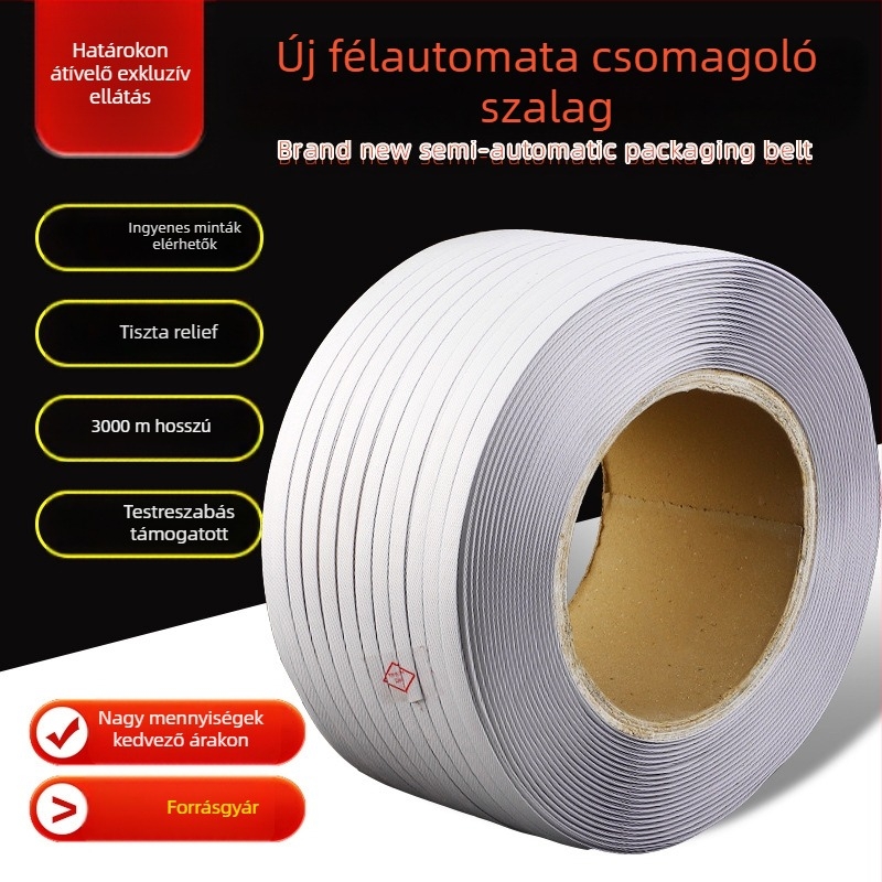 Gépi csomagoló szalag, 0,8 mm vastagság, 95 kg szakítószilárdság, kartoncsomagoláshoz, tekercs külső átmérője 400 mm