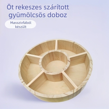 Fenyőfa szárított gyümölcsök tároló doboz, öt rekeszes — fedő nélkül, szeparált tál nappaliba, modern minimálista stílus