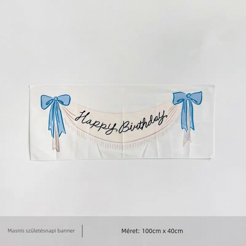 Kék és rózsaszínű masnival díszített hátterű textil babaszületésnapi dekorációhoz – színpadi dekoráció, akasztó banner