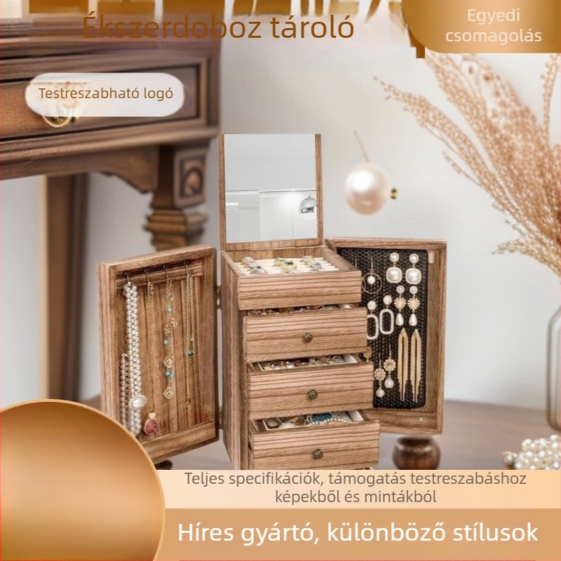 Természetes fából készült ékszerdoboz gravírozással és testreszabhatósággal, többrétegű tároló