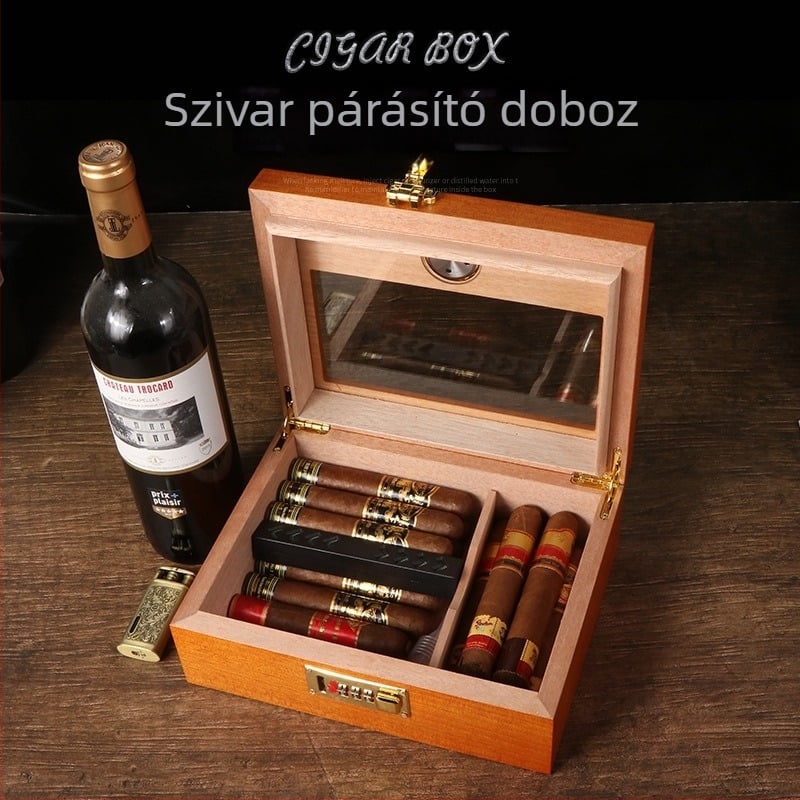 Fából készült cigaretta-humidor jelszavas zárakkal, higrométerrel és párásítóval, átlátszó csomagolás, nagy kapacitás
