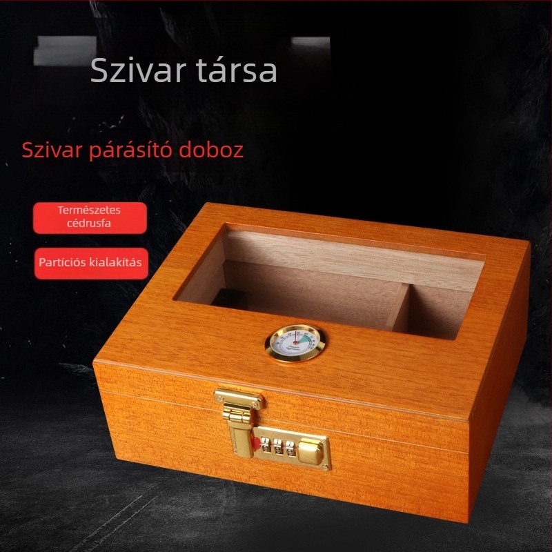 Fából készült cigaretta-humidor jelszavas zárakkal, higrométerrel és párásítóval, átlátszó csomagolás, nagy kapacitás