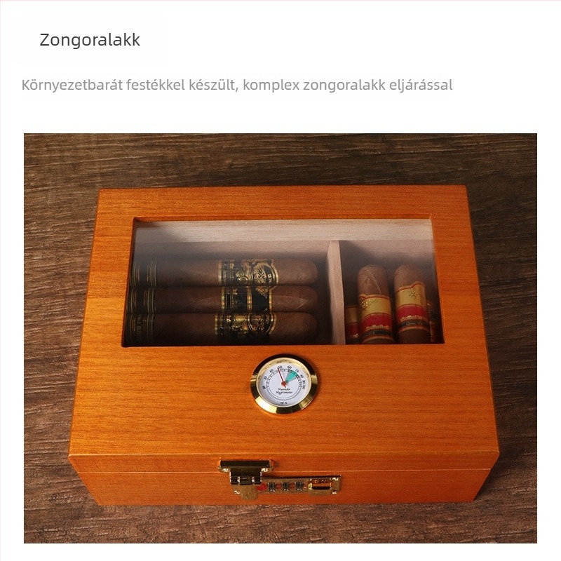 Fából készült cigaretta-humidor jelszavas zárakkal, higrométerrel és párásítóval, átlátszó csomagolás, nagy kapacitás
