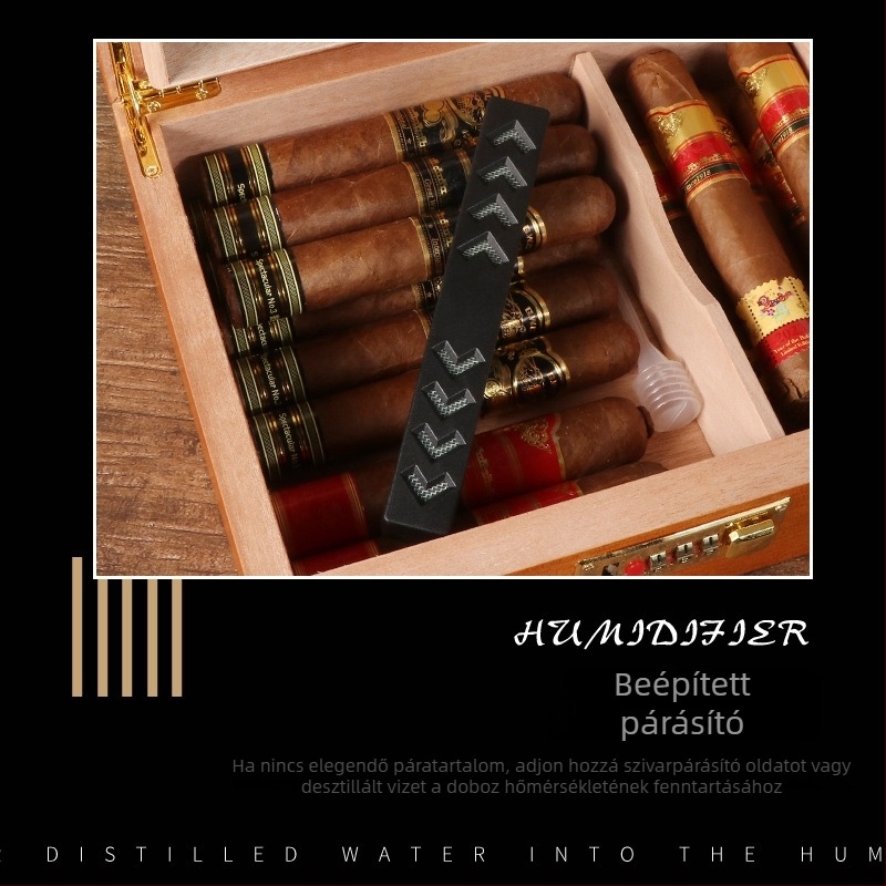 Fából készült cigaretta-humidor jelszavas zárakkal, higrométerrel és párásítóval, átlátszó csomagolás, nagy kapacitás