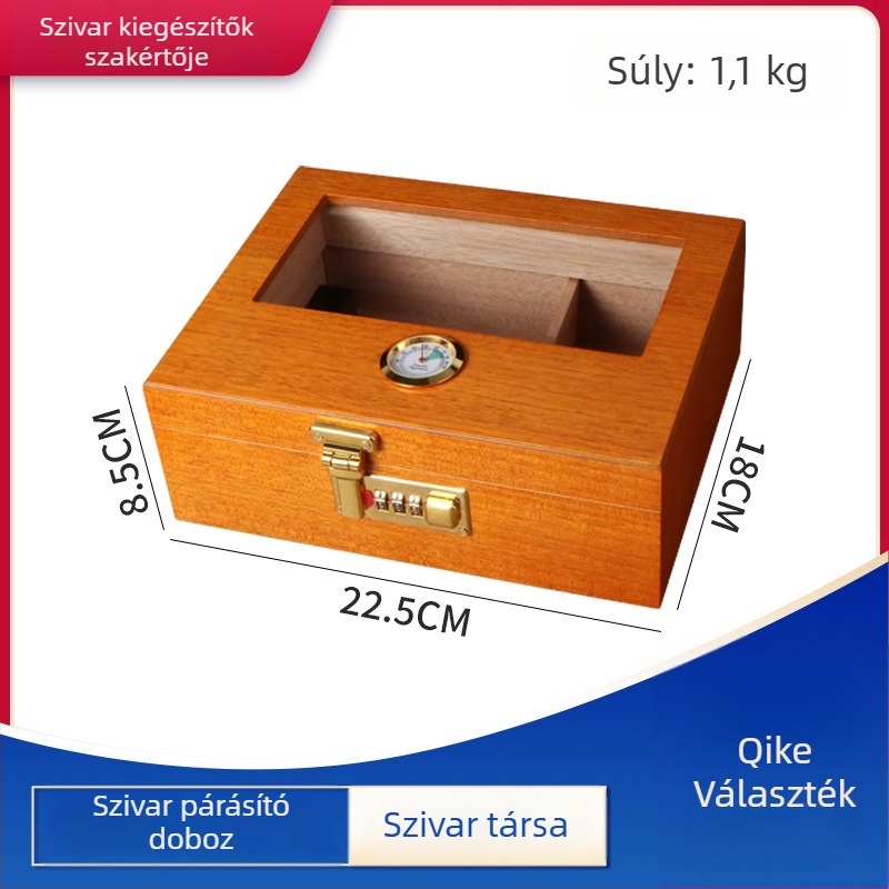 Fából készült cigaretta-humidor jelszavas zárakkal, higrométerrel és párásítóval, átlátszó csomagolás, nagy kapacitás
