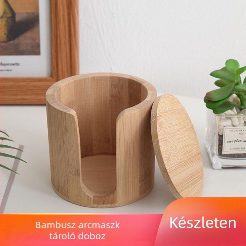 Bambuszból készült kozmetikai tároló doboz fedővel, vattakorongok tárolására, 12 literes kapacitás, modell Cosmetic Cotton Storage Box, egyedi logóval