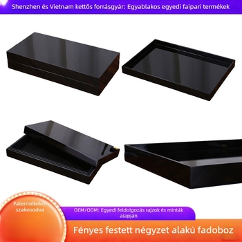 Fából készült, fekete pianó-lakk felületű doboz, modern minimalista dizájn, csuklós fedél, kompakt tároló
