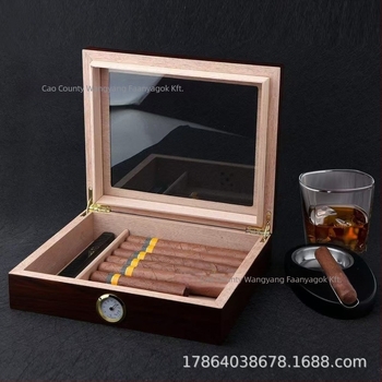 Fából készült szivar humidor tároló doboz átlátszó akril fedéllel, négyzetes alak, retro stílus, nagy kapacitás