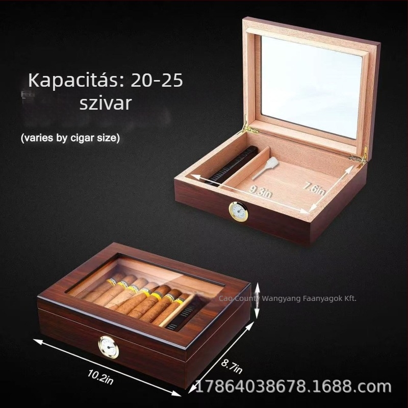 Fából készült szivar humidor tároló doboz átlátszó akril fedéllel, négyzetes alak, retro stílus, nagy kapacitás