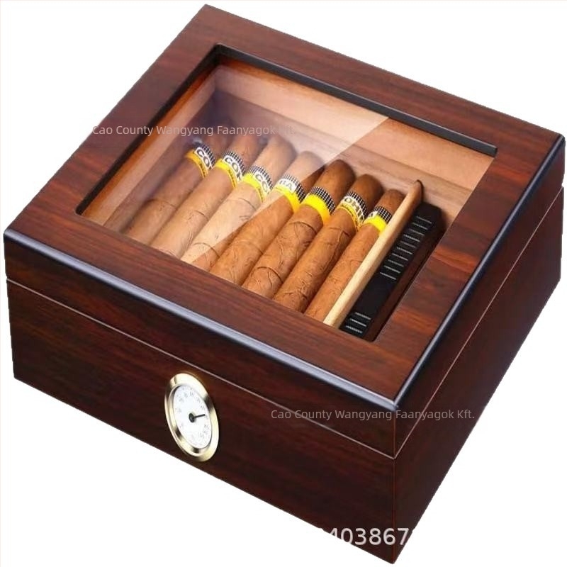 Fából készült szivar humidor tároló doboz átlátszó akril fedéllel, négyzetes alak, retro stílus, nagy kapacitás