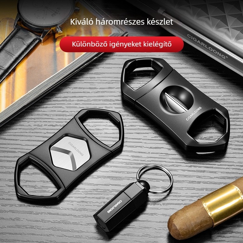 3 részes szivarvágó készlet: hordozható sík vágó, V-szögű vágó és lyukasztó vágó, rozsdamentes acélból