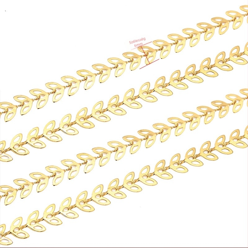 6 mm-es rozsdamentes acél üreges levéllánc 18K színmegőrző bevonattal, hajdísz és DIY ékszer összetevő.