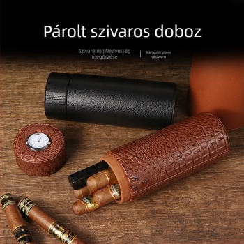 Szivar nedvesítő edény higrométerrel - hordozható zárható nedvesítőcső, Forten, tömörfa + bőr