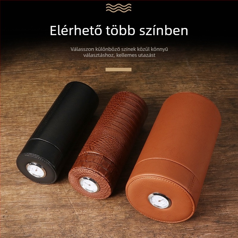 Szivar nedvesítő edény higrométerrel - hordozható zárható nedvesítőcső, Forten, tömörfa + bőr