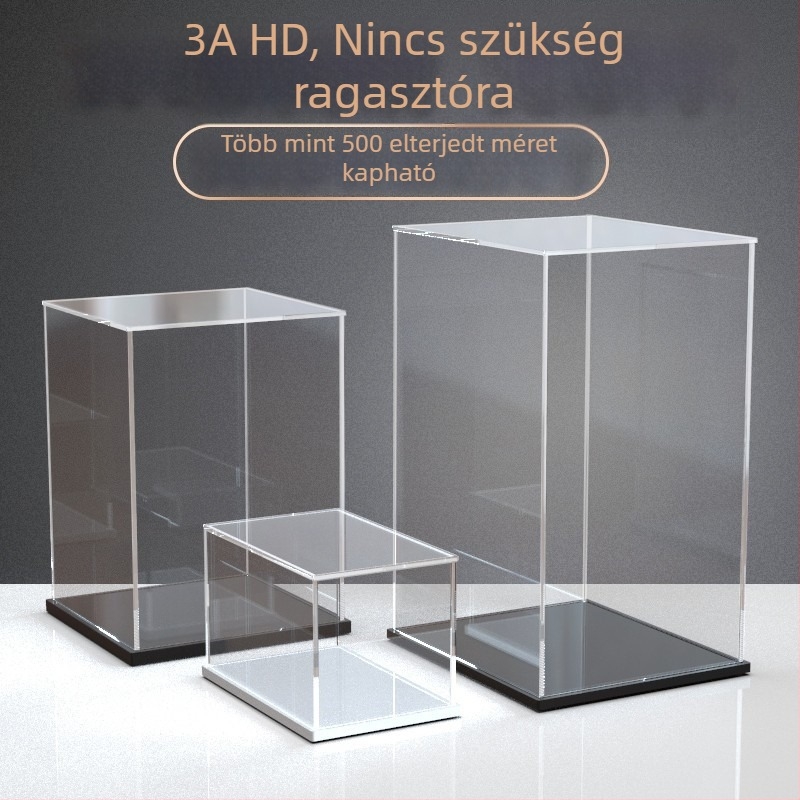 Átlátszó porvédőfedéllel és üvegfedéllel ellátott akril kiállító doboz, építőelem-modellek és agyagművek tárolására – gyűjtemény-tároló doboz