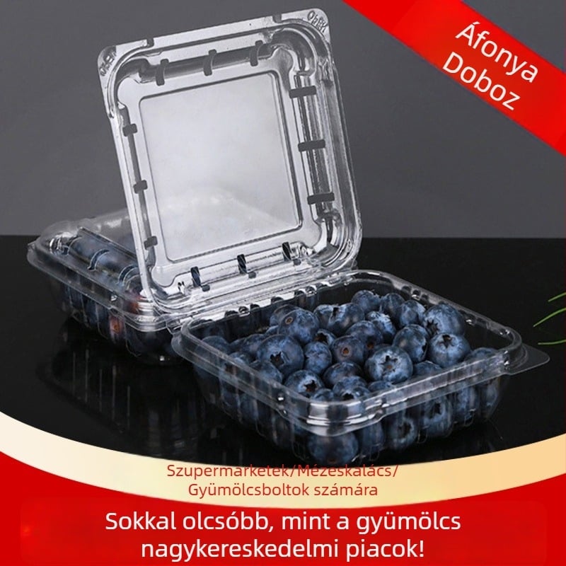 Egyszer használatos gyümölcs csomagoló doboz PET műanyagból, lyukkal és fedővel, 125 g kapacitás
