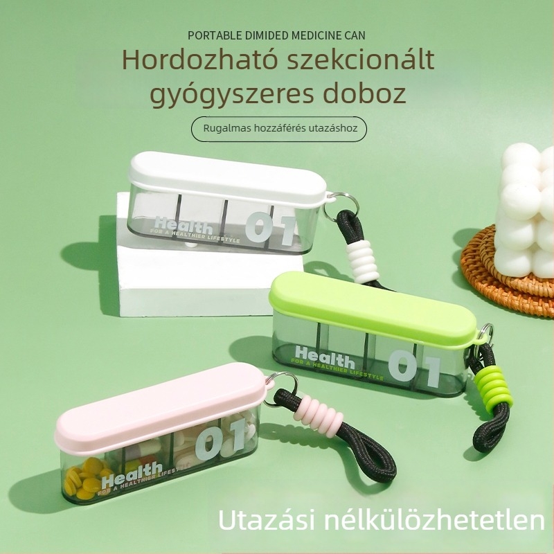 Gyógyszeres doboz fedéllel és osztókkal, polipropilén (PP) anyagból, hordozható, modern minimalista stílus