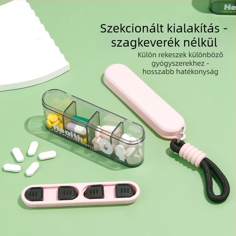 Gyógyszeres doboz fedéllel és osztókkal, polipropilén (PP) anyagból, hordozható, modern minimalista stílus