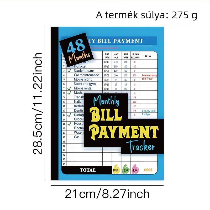 Számlák követő jegyzet spirálkötéssel, 50–100 oldal, 80 g/m² papír, tartalom: nyers fa cellulóz, borító: papír