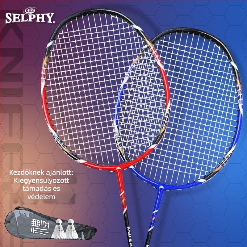 Selphy/Xuanfei márkájú kétütős tollaslabda készlet, keret: alumínium ötvözet, húrok: nylon, súly 95–100 g, nyelet keménysége: közepes