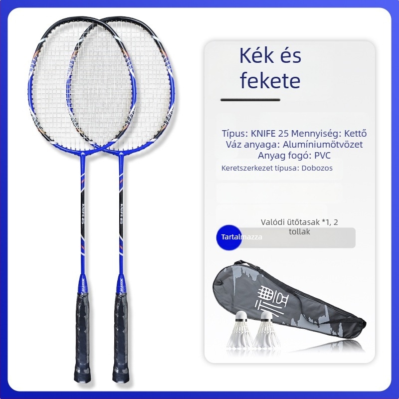 Selphy/Xuanfei márkájú kétütős tollaslabda készlet, keret: alumínium ötvözet, húrok: nylon, súly 95–100 g, nyelet keménysége: közepes