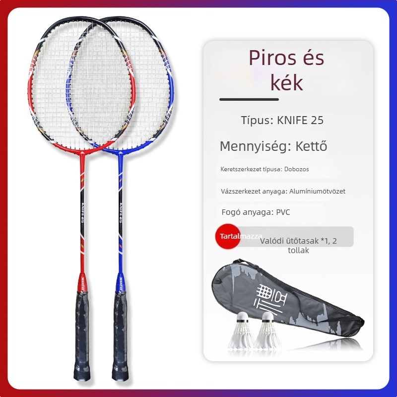 Selphy/Xuanfei márkájú kétütős tollaslabda készlet, keret: alumínium ötvözet, húrok: nylon, súly 95–100 g, nyelet keménysége: közepes